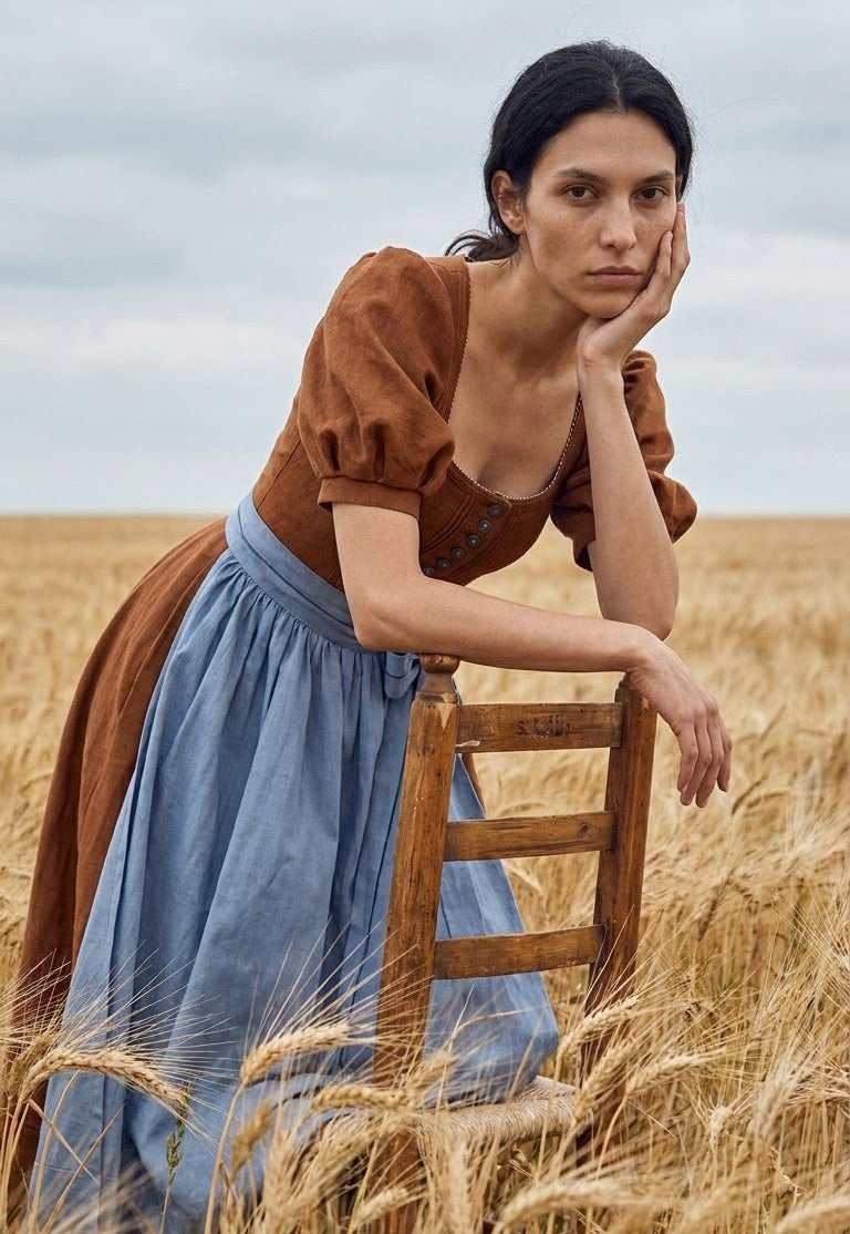 Ala Dirndl by Antonia Zander in rust with dove-blue linen apron