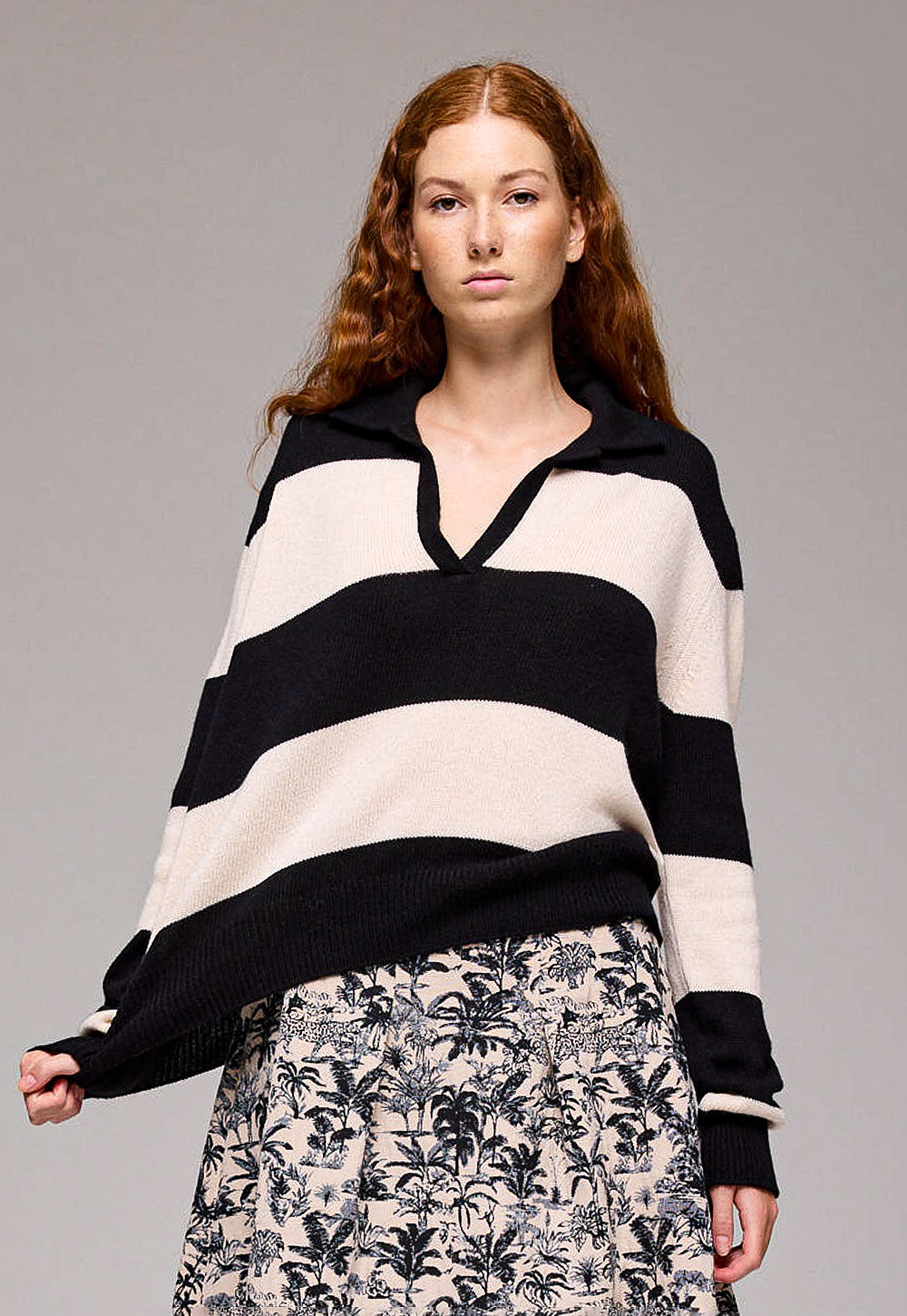 Alicia Sweater black and cream by Antonia Zander, styled view.