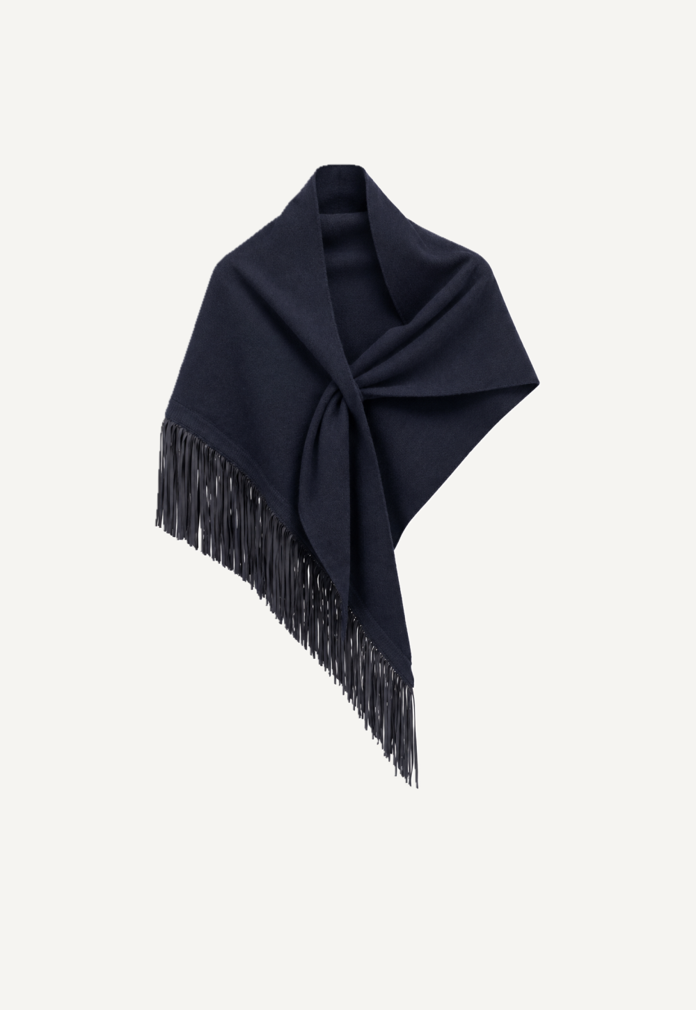 Antonia Zander Anina Triangolo Beluga – dark navy cashmere triangle shawl with matching leather fringes, front view.