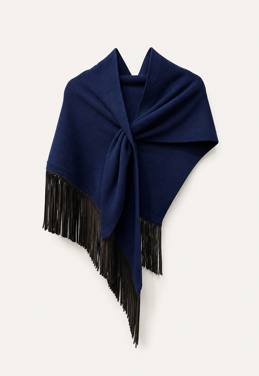 Antonia Zander Anina Triangolo Neptune No. 25, triangular cashmere scarf with fine goat suede leather fringes.