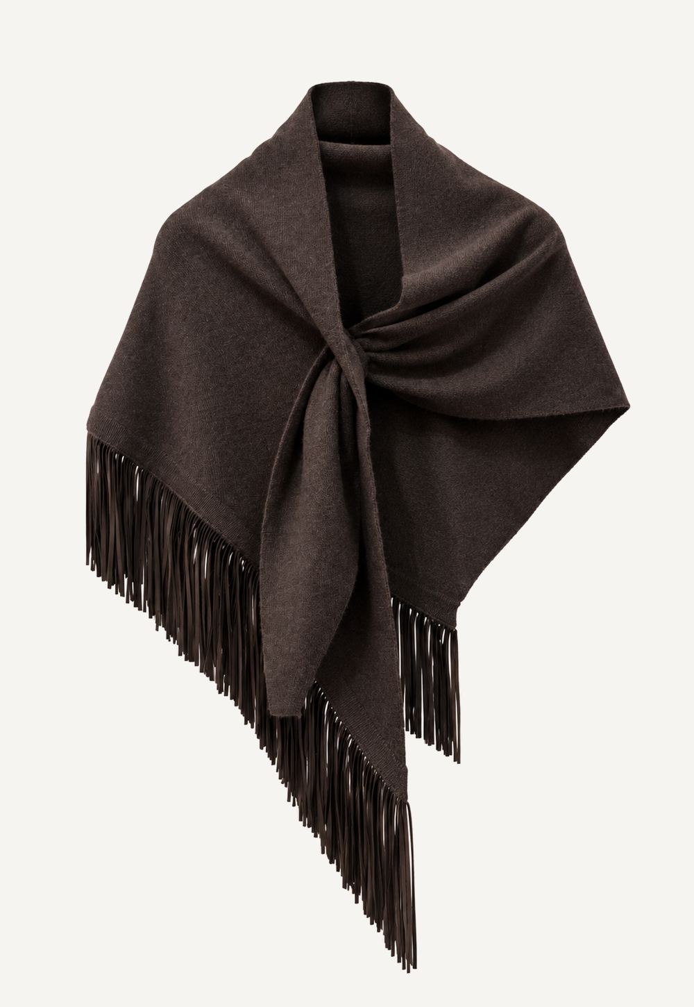 Anina Triangolo Peat cashmere scarf with goat nappa leather fringes