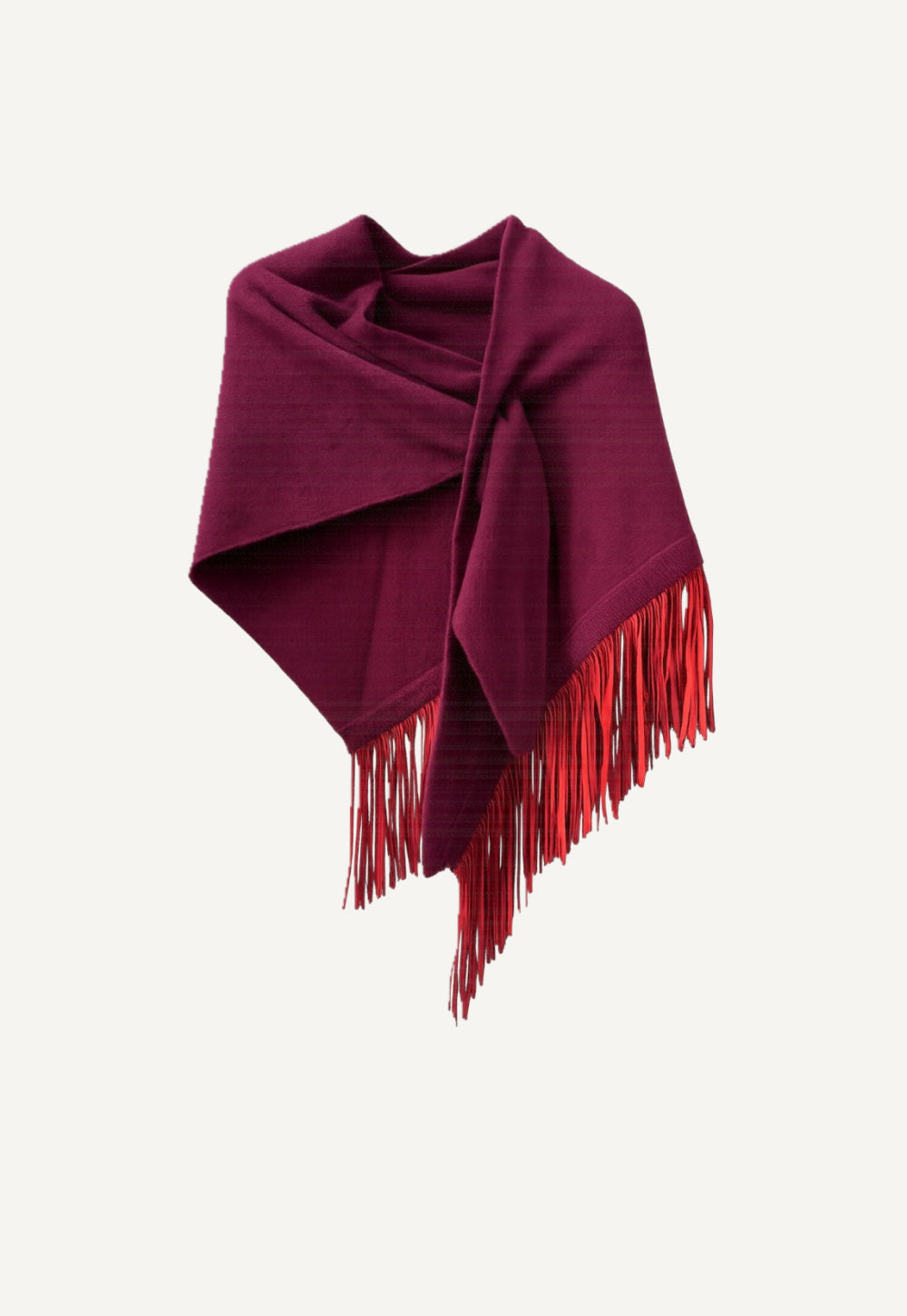 Antonia Zander Anina Triangolo Shiraz – burgundy cashmere triangle shawl with soft suede-leather fringes, front view.
