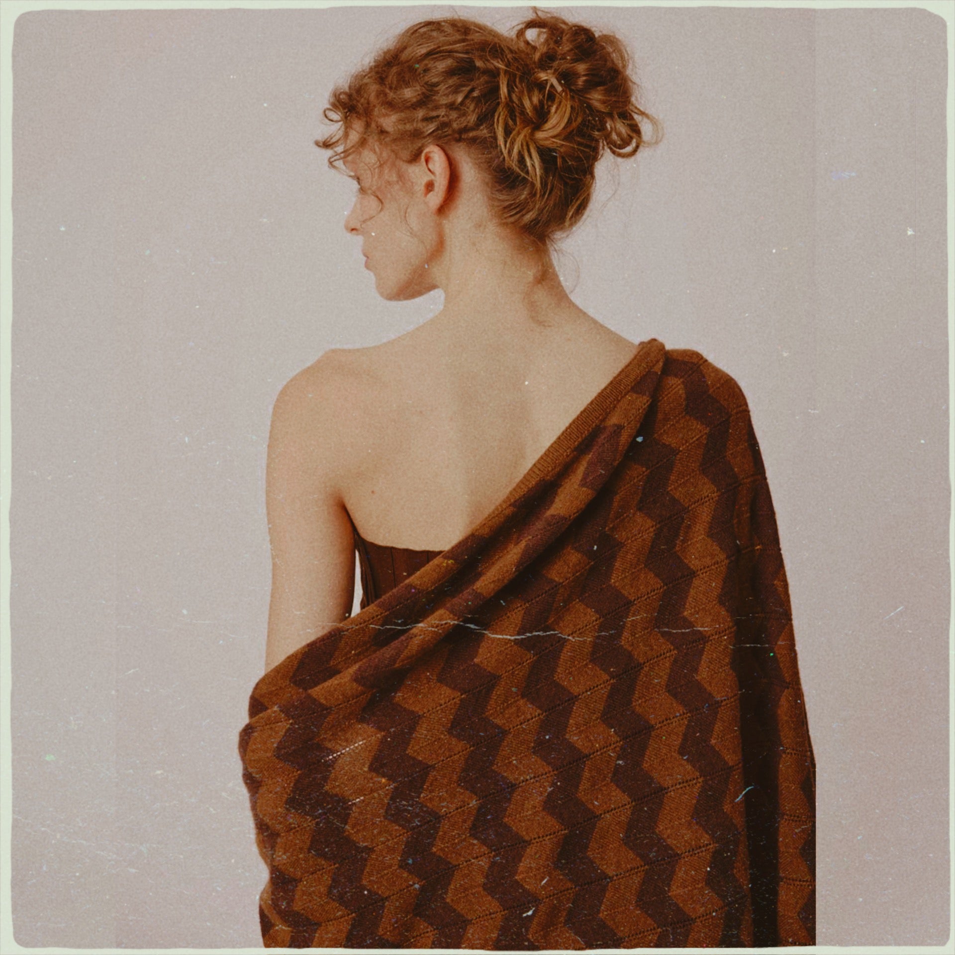 Cashmere scarf in cognac with geometric knit pattern, luxury knitwear by Antonia Zander