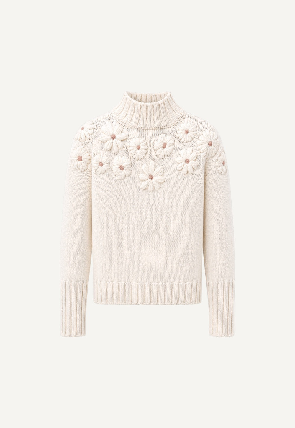 Ivory cashmere sweater with floral embroidery and high ribbed collar, front view