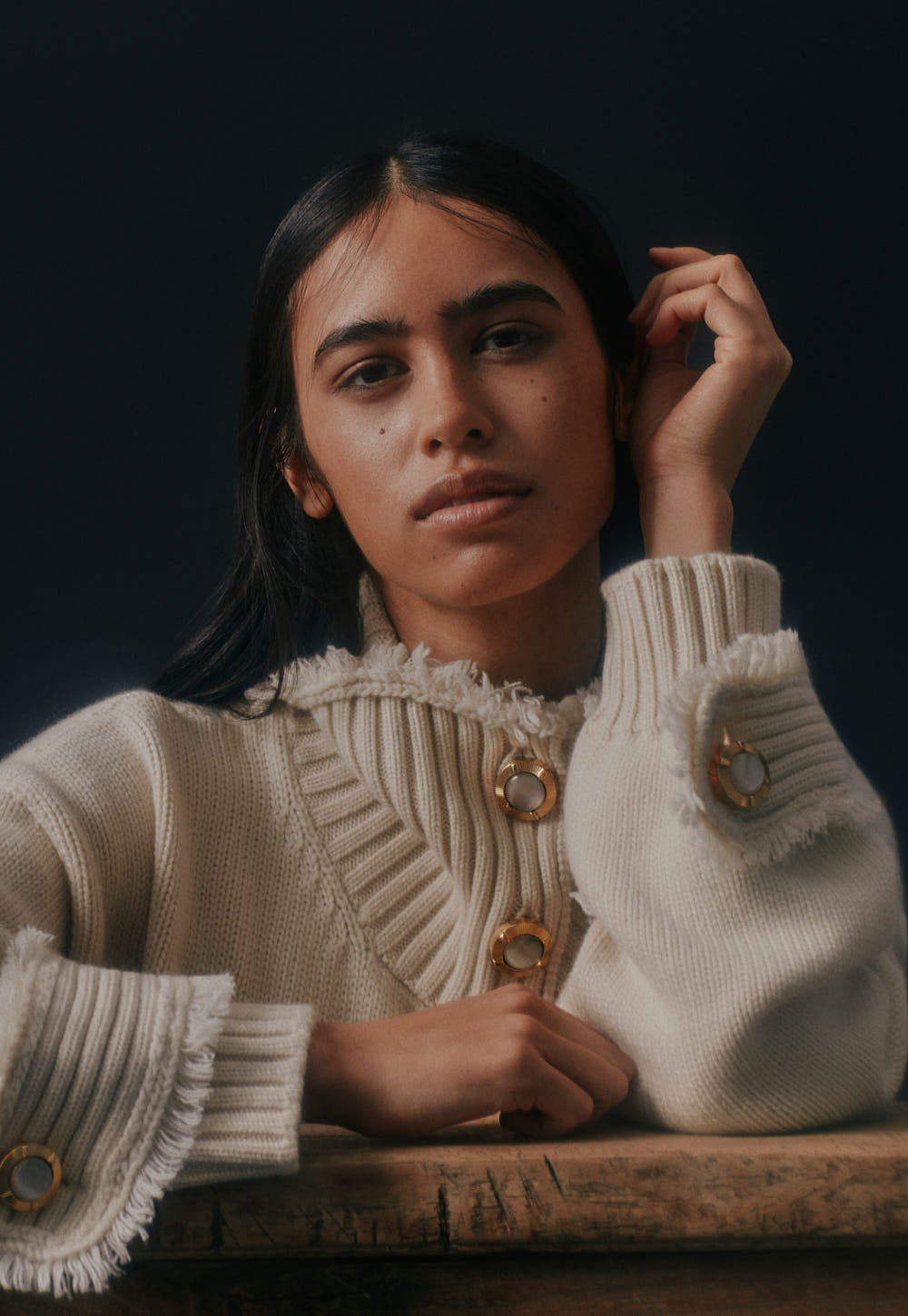 Antonia Zander Maggie Cashmere Bomber in ivory, styled front look.