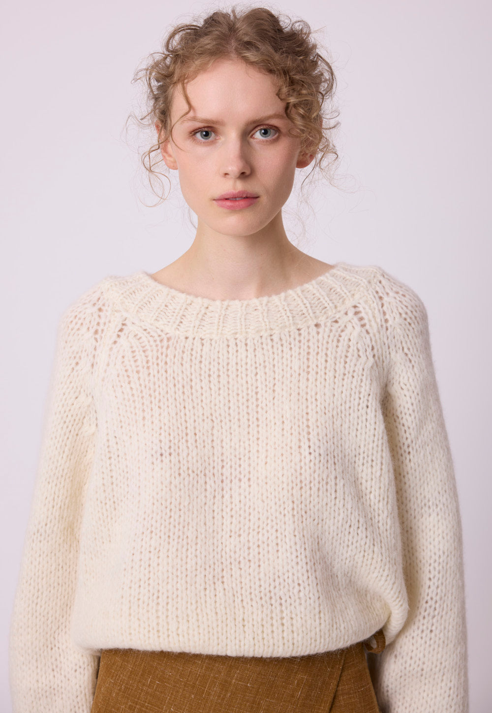 Antonia Zander Ola Sweater in white, styled look showing the cropped, boxy silhouette of the baby alpaca blend sweater.