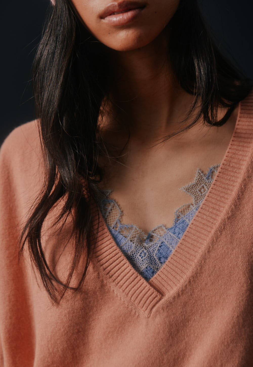 Antonia Zander Pluta cashmere sweater in terracotta with deep V-neck