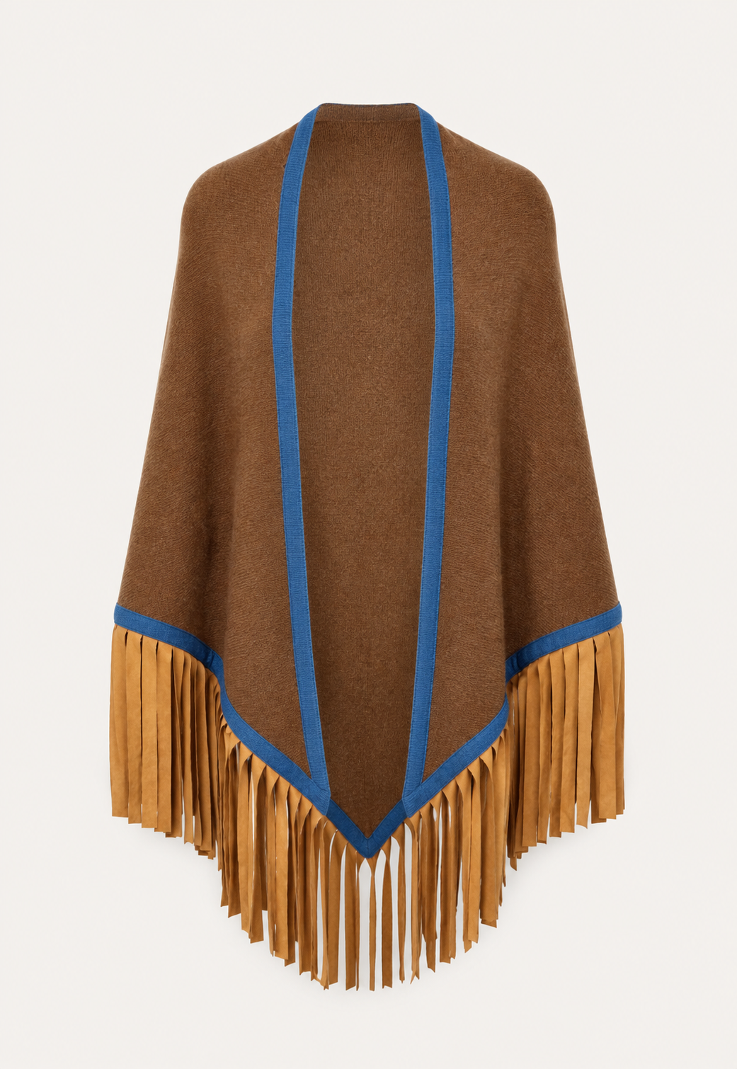 Polka Triangolo cashmere scarf in brown with blue contrast trim and wide goat suede fringes by Antonia Zander