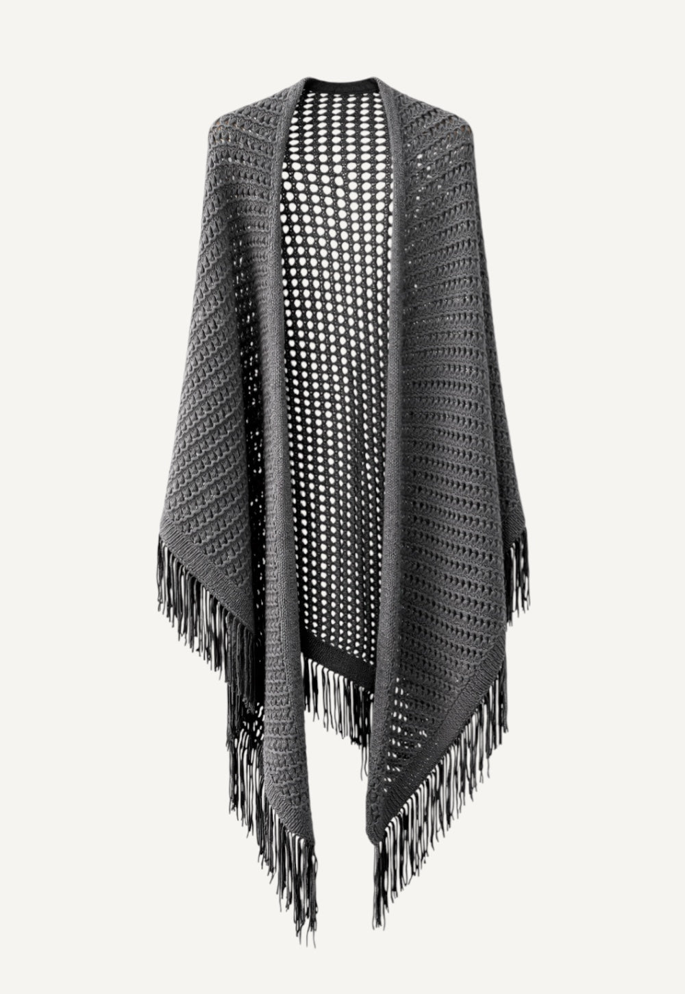 Knit stola in dove grey made from baby alpaca blend with openwork pattern and long goat leather fringes
