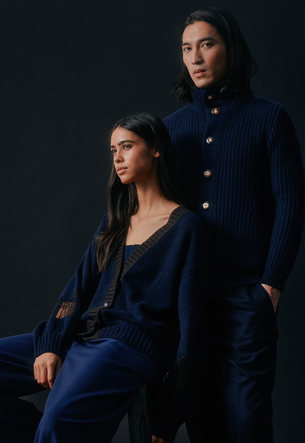 Antonia Zander Safra Cardigan in Navy crafted from luxurious 2/28 cashmere with delicate lace sleeve inserts and contrasting rib-knit trim.