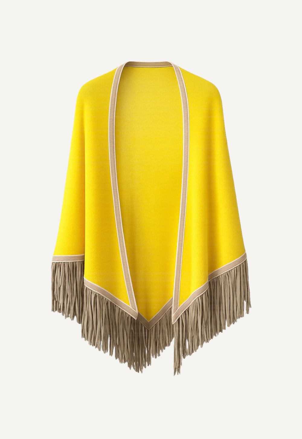 Antonia Zander Triangolo Camoscio – Cashmere triangle shawl in Arles, with contrasting trim and leather fringe, front product view.