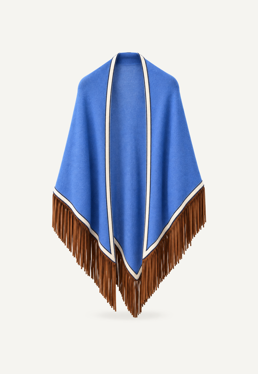 Antonia Zander Triangolo Camoscio – Cashmere triangle scarf in Azure with contrasting trim and goat suede leather fringe.