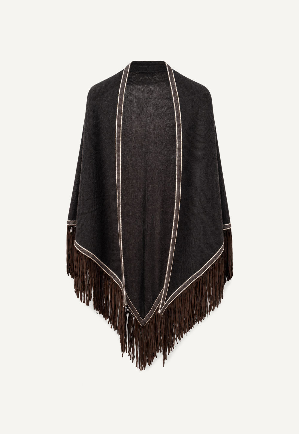 Antonia Zander Triangolo Camoscio – Cashmere triangle scarf in Blackwood with contrasting trim and goat suede leather fringe.
