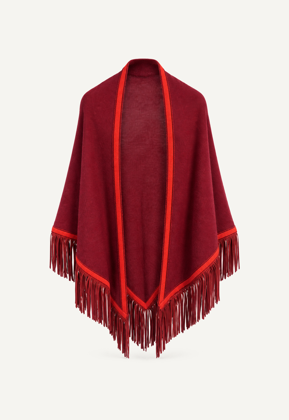 Antonia Zander Triangolo Camoscio – Cashmere triangle shawl in Cuir de Russe with contrasting trim and goat nappa leather fringe.