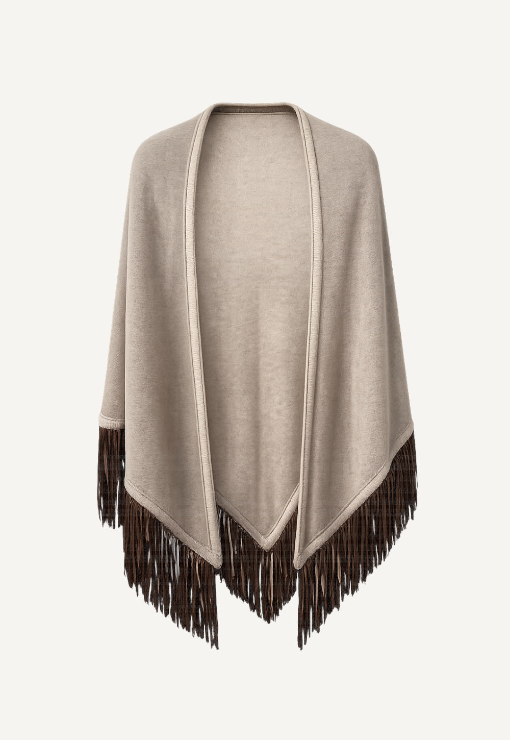 Cashmere triangle scarf in grapeseed with soft contrast trim and suede fringes