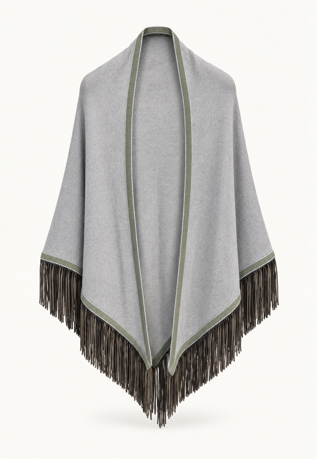 Triangolo Camoscio Mistygris cashmere scarf with goat suede leather fringes