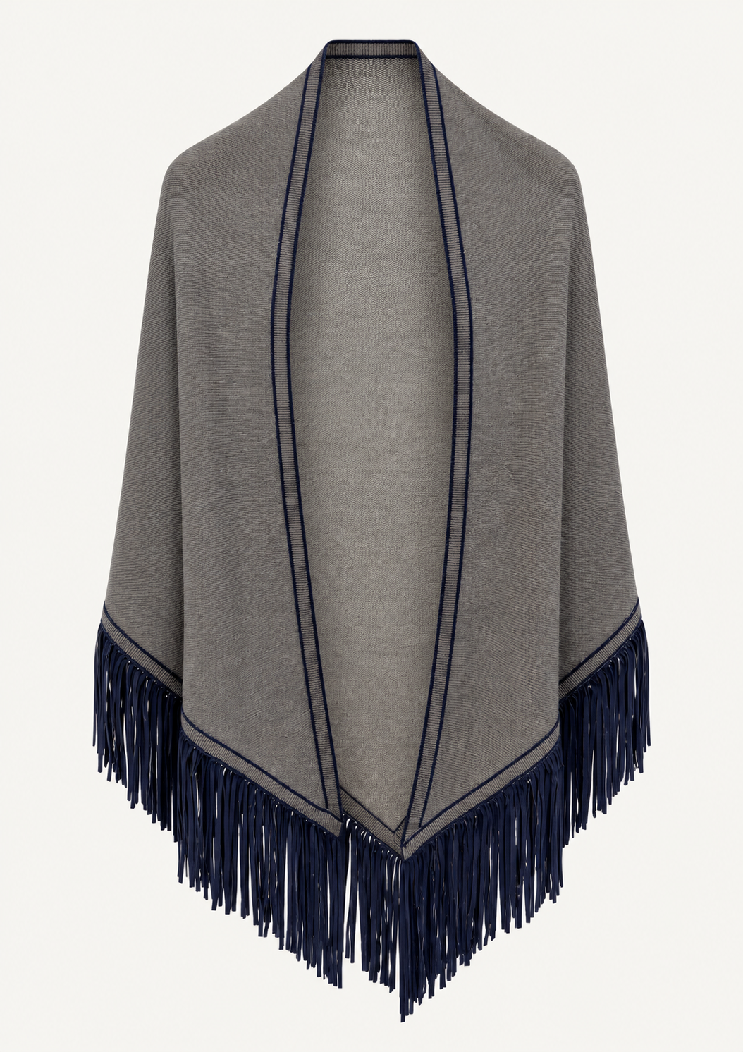 Antonia Zander Triangolo Camoscio Storm No. 757, grey cashmere triangle scarf with contrasting navy-blue goat suede leather fringes.