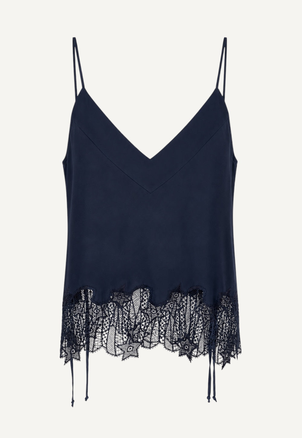Antonia Zander Udra Top in Navy crafted from fluid acetate-silk satin with signature Celestial Lace at the hem.