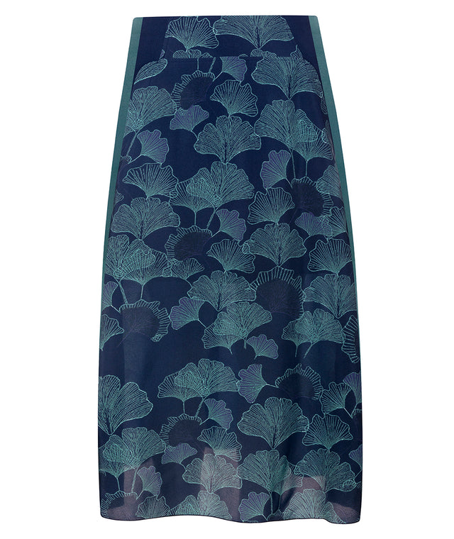 silk skirt, made in germany with sipper to close and pockets. with Gingko print and stripe details 