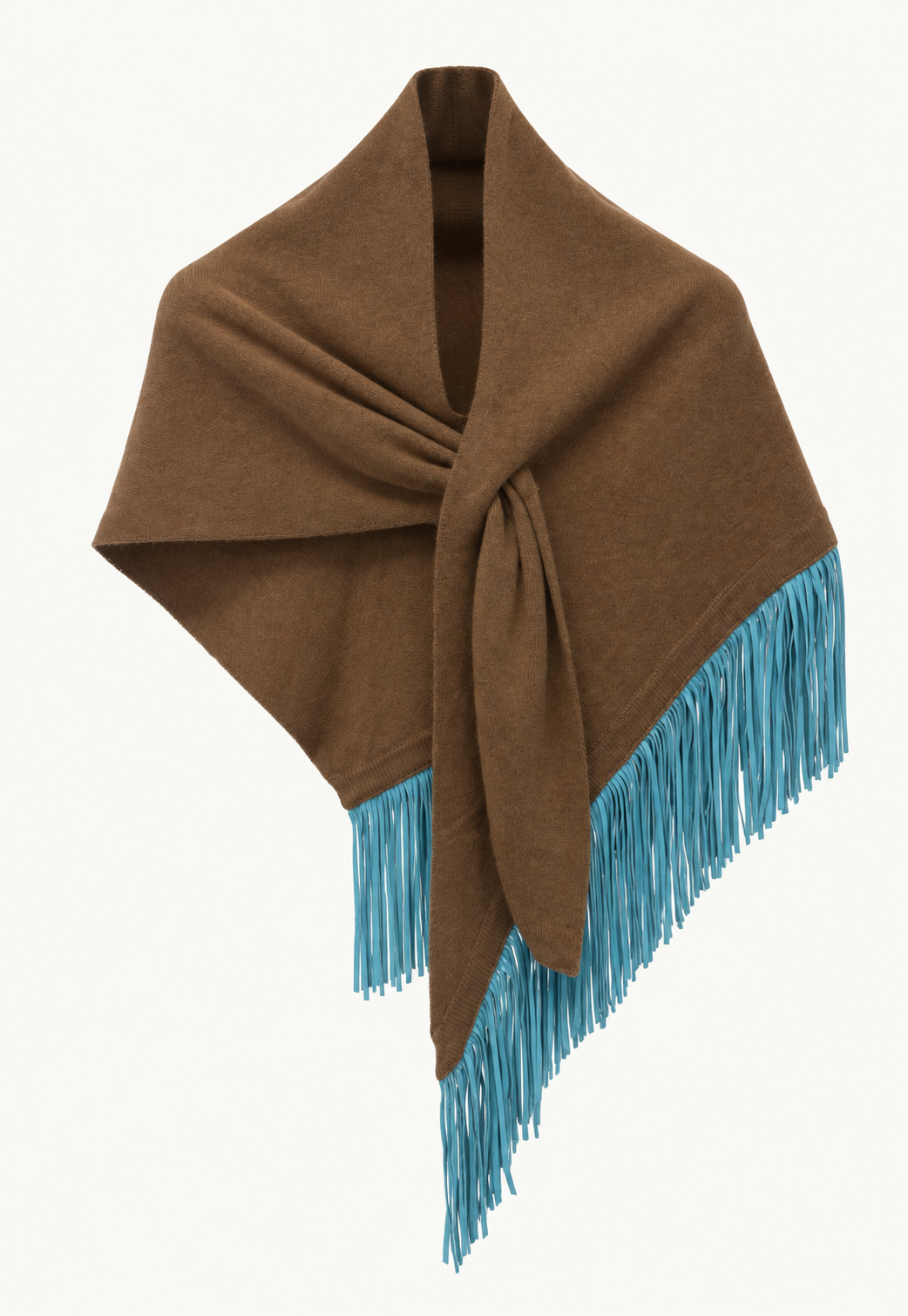 Antonia Zander Anina Triangolo Castagno No. 56, brown cashmere triangle scarf with turquoise goat nappa leather fringes.