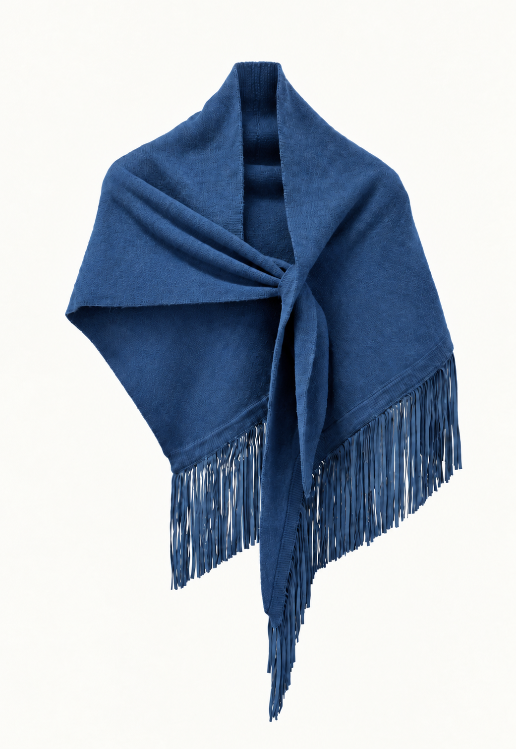 Antonia Zander Anina Triangolo Perseus No. 57, indigo-blue cashmere triangle scarf with goat suede leather fringes.