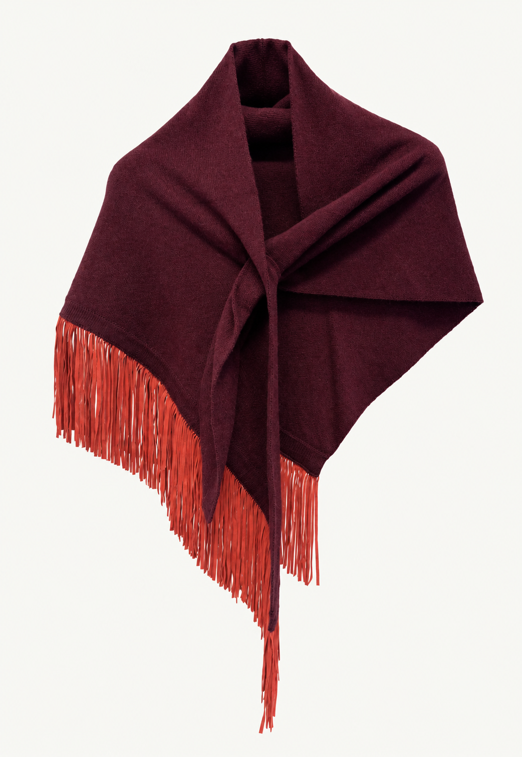 Antonia Zander Anina Triangolo Shiraz No. 58, burgundy cashmere triangle scarf with contrasting coral-red goat suede leather fringes.