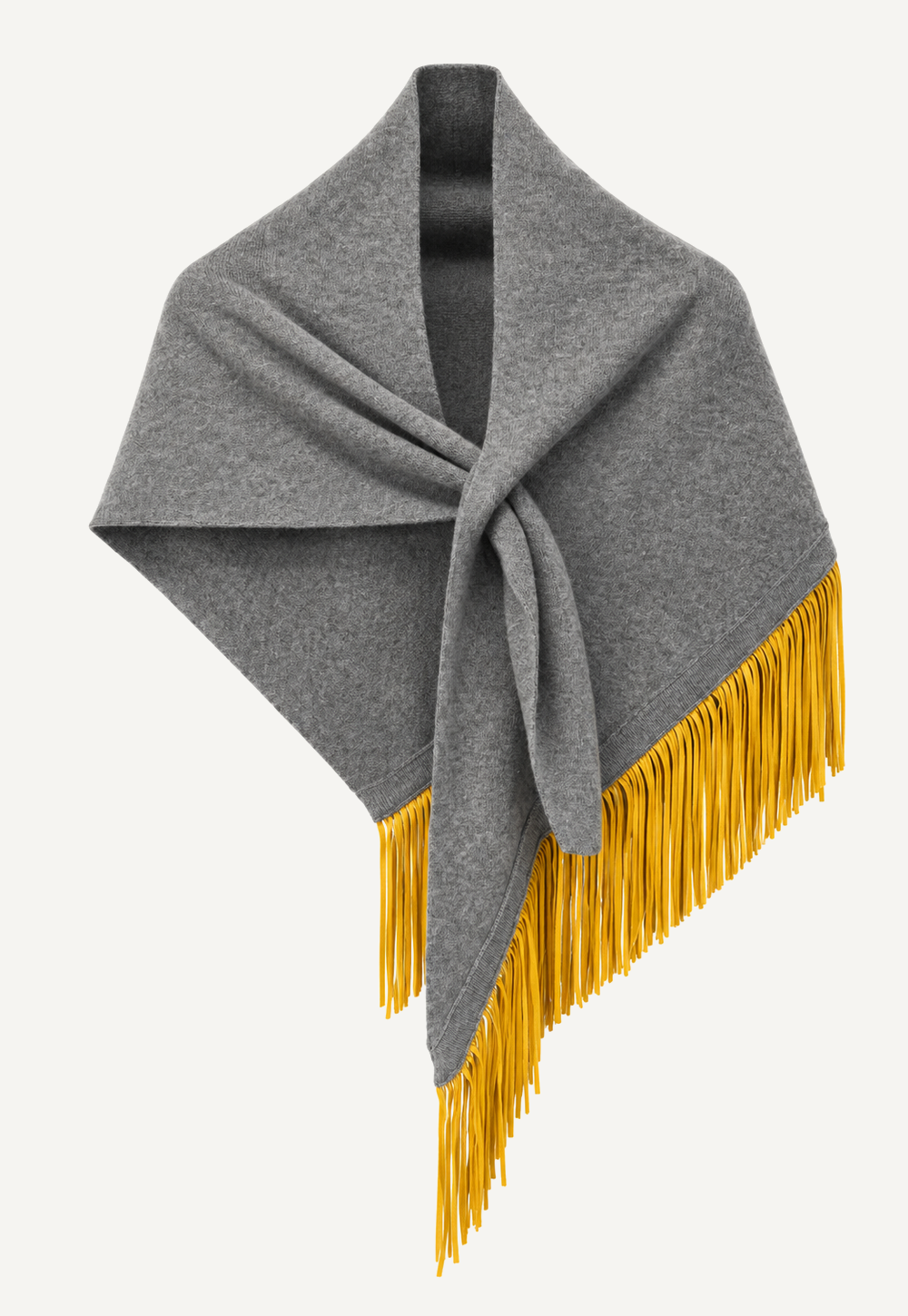 Antonia Zander Anina Triangolo Slate No. 52, grey cashmere triangle scarf with contrasting yellow goat nappa leather fringes.