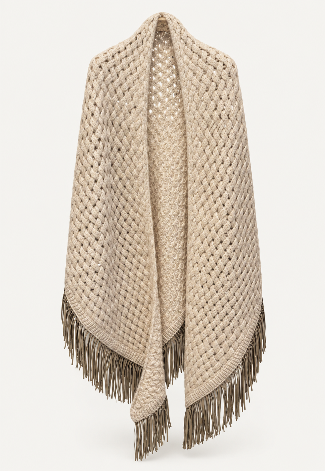 INA Stola in Beige aus Baby Alpaca & Silk Blend mit Flechtstrickmuster und Fransen aus Ziegen-Nappaleder