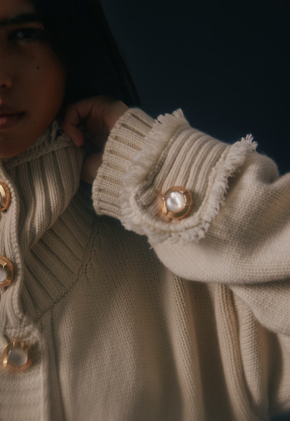 Antonia Zander Maggie Cashmere Bomber in ivory, signature button detail.