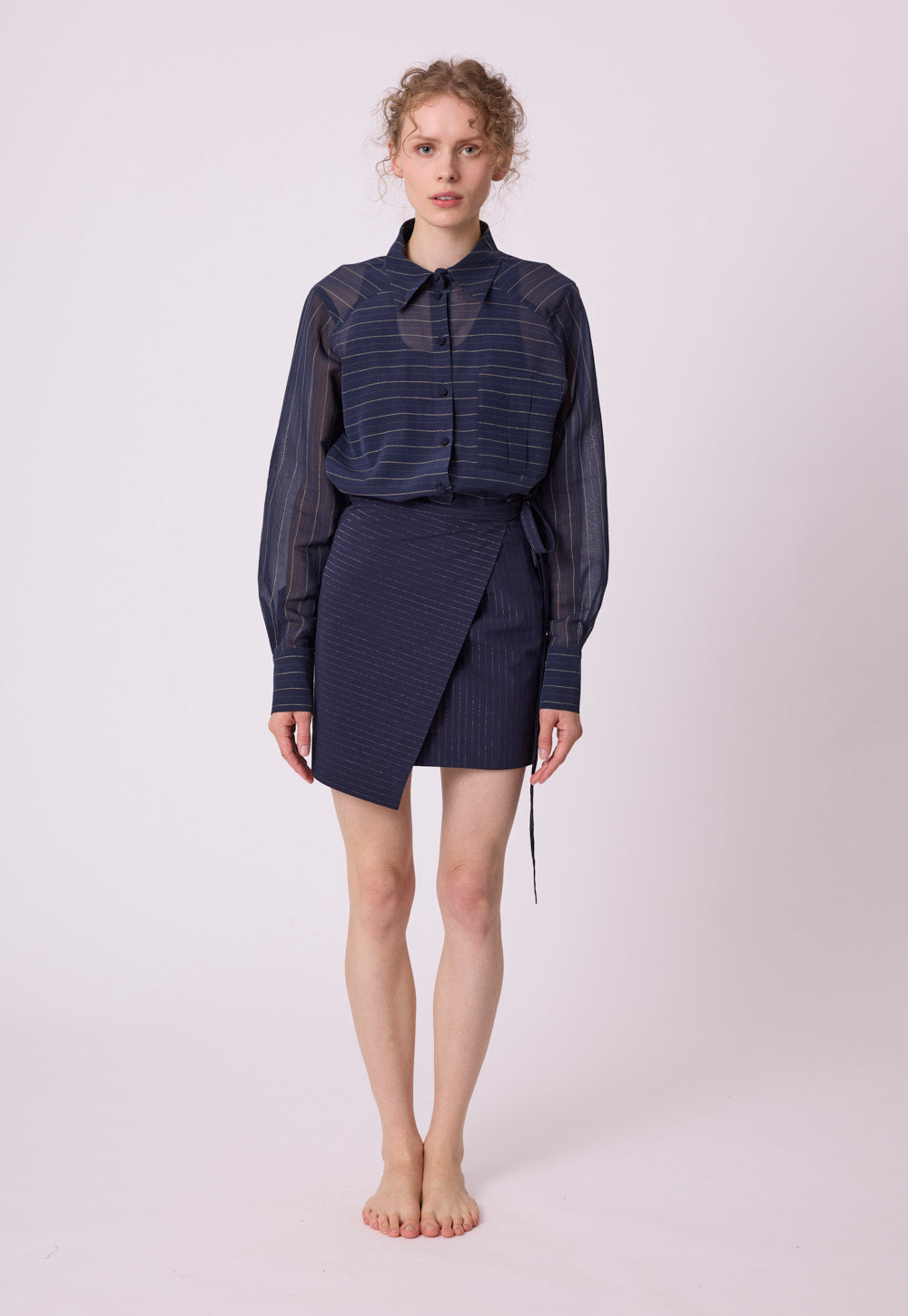 Nadia Blouse navy blue by Antonia Zander, styled view.