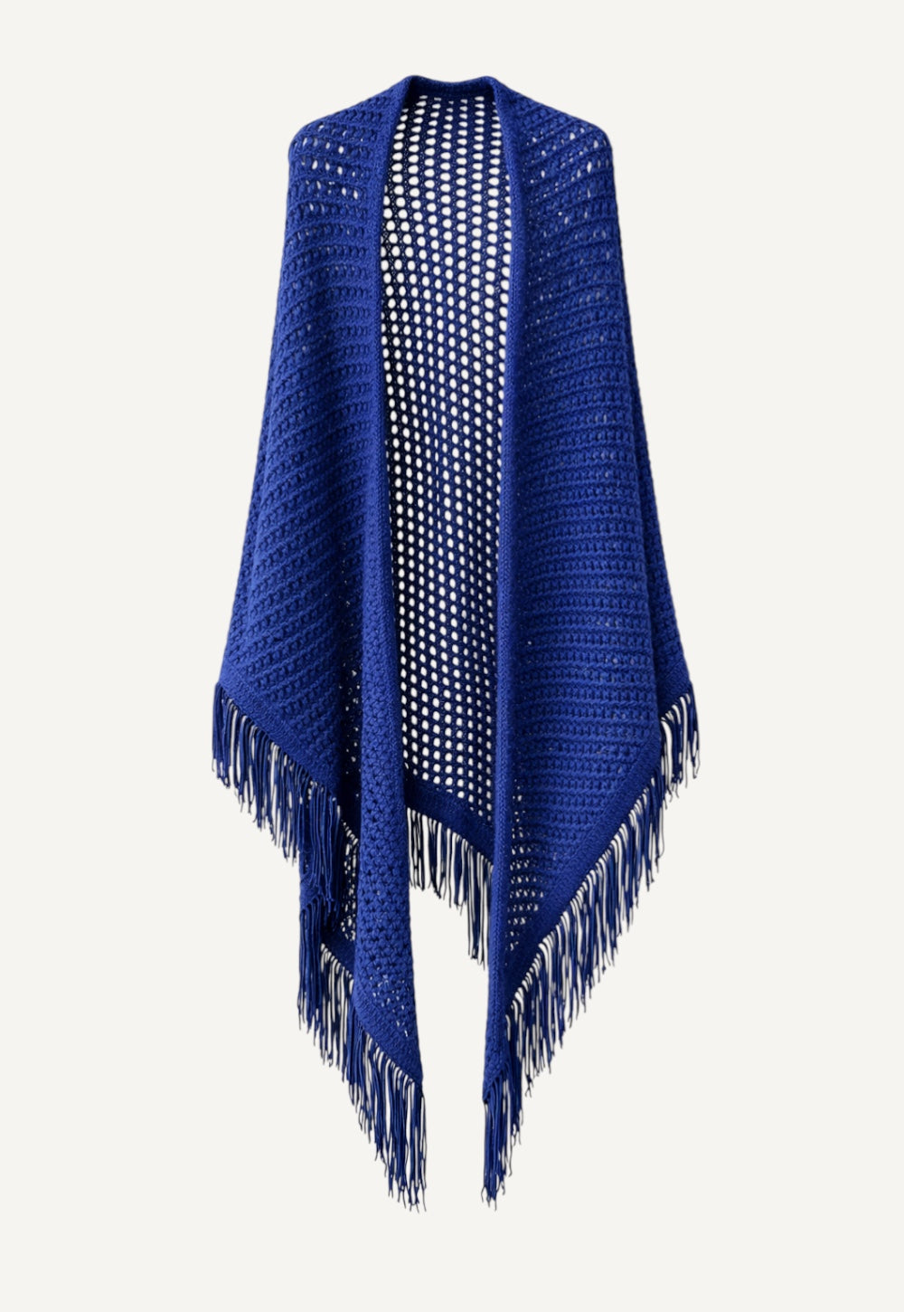 Knit stola in deep blue made from baby alpaca blend with openwork pattern and long goat leather fringes