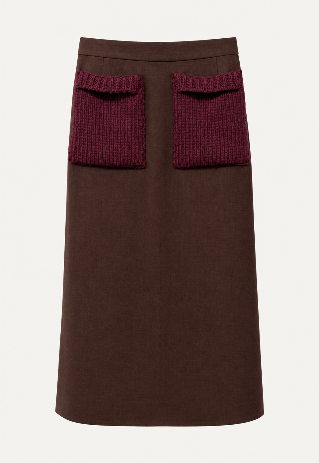 Antonia Zander Riccarda midi skirt in bordeaux virgin wool blend with contrasting cashmere knit patch pockets.