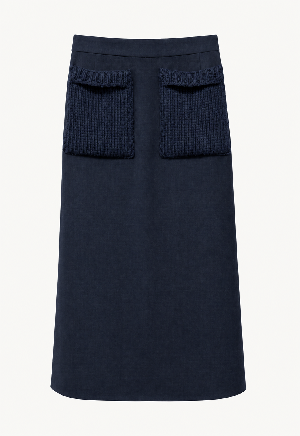 Antonia Zander Riccarda midi skirt in navy virgin wool blend with contrasting cashmere knit patch pockets.