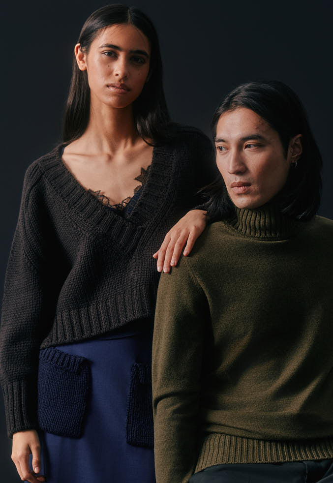 Antonia Zander Riccarda Skirt in navy virgin wool blend with cashmere knit patch pockets.