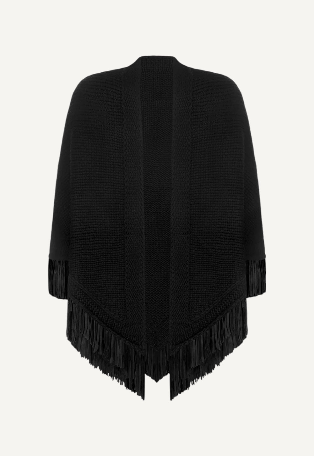 Antonia Zander Senta Stola Camoscio Black cashmere wrap with goat suede leather fringes