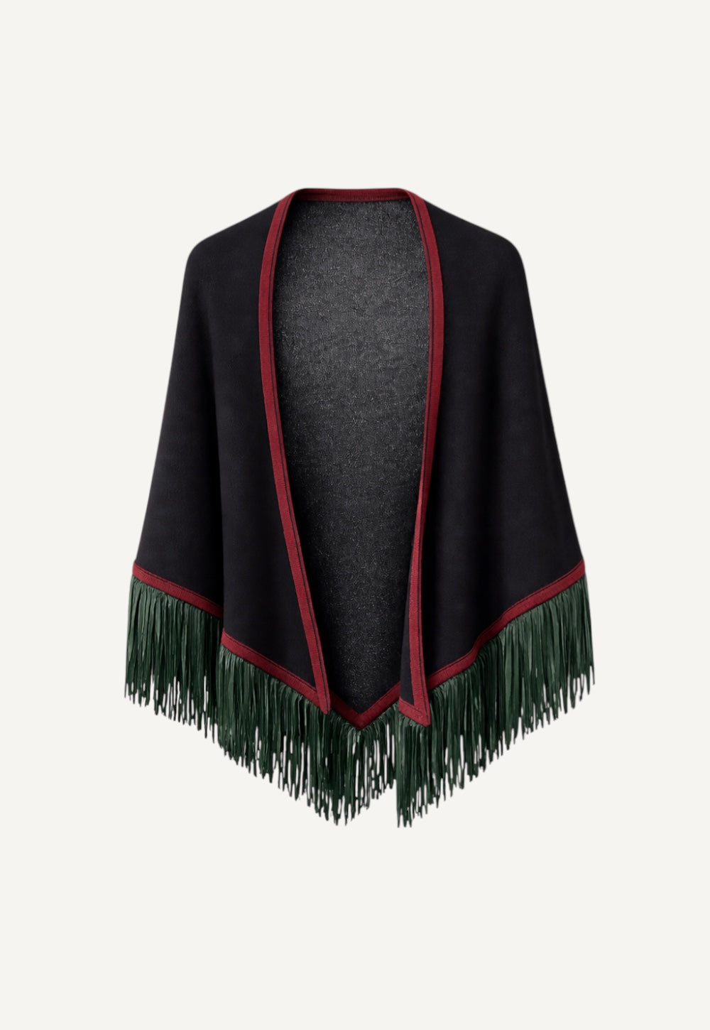 Cashmere triangle scarf in black with contrast trim and suede fringes