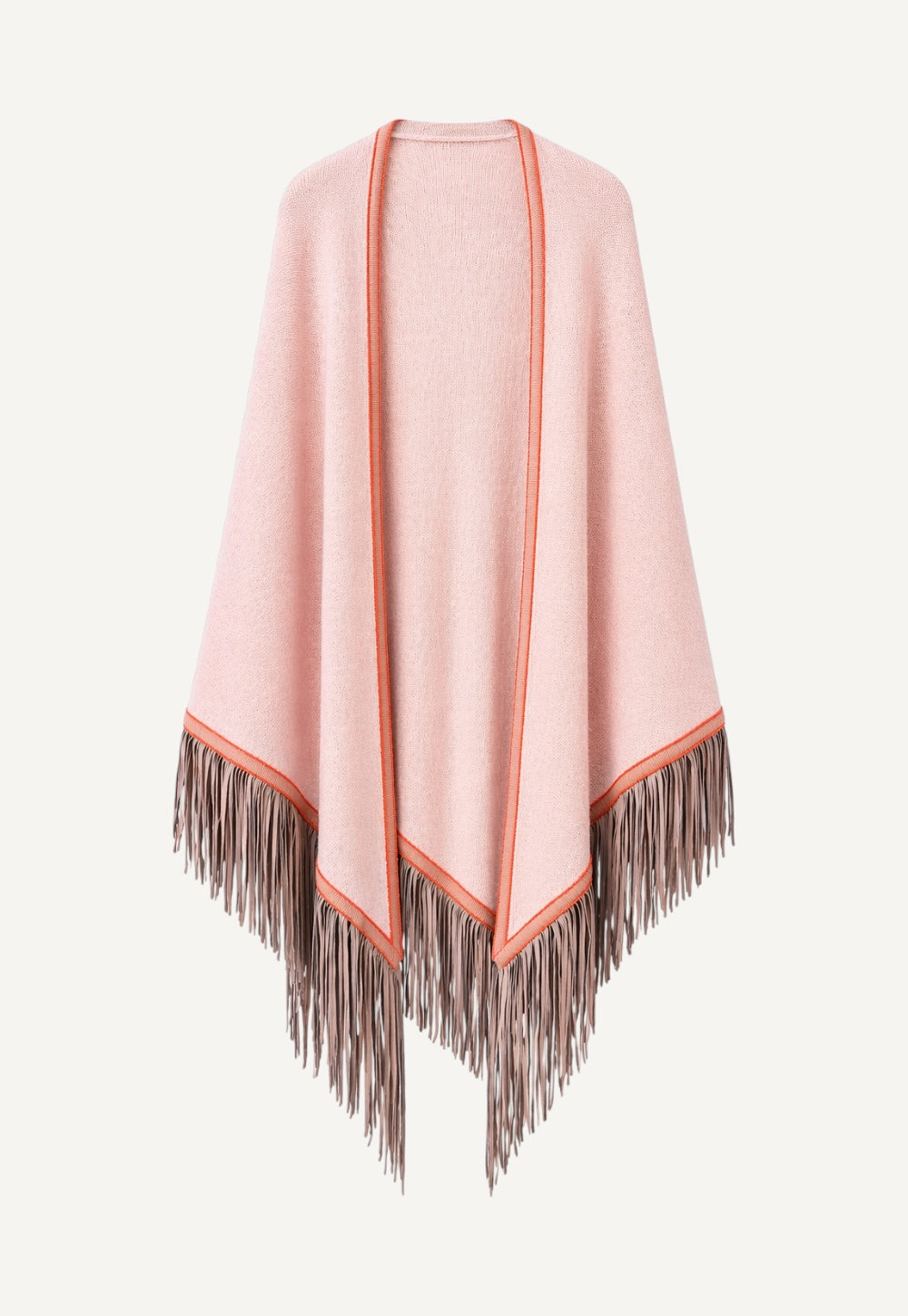Cashmere triangle scarf in light rose with contrast trim and suede fringes
