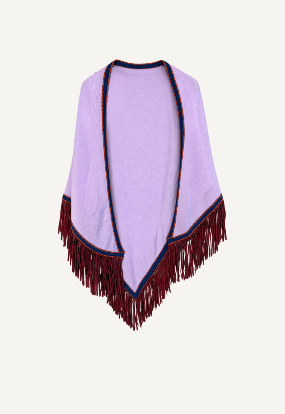 Triangolo Camoscio Mauvelous No. 728 in mauve cashmere with bordeaux goat nappa leather fringes.