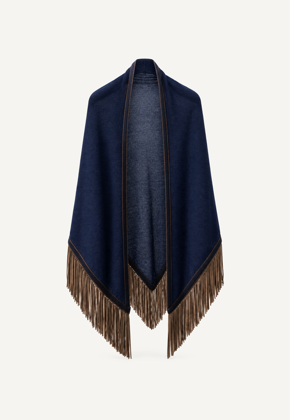 Antonia Zander Triangolo Camoscio – Cashmere triangle shawl in Neptune with contrasting trim and leather fringe.