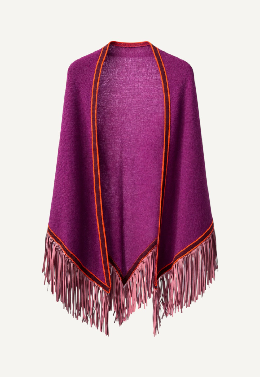 Cashmere triangle scarf in tulip with contrast trim and suede fringes