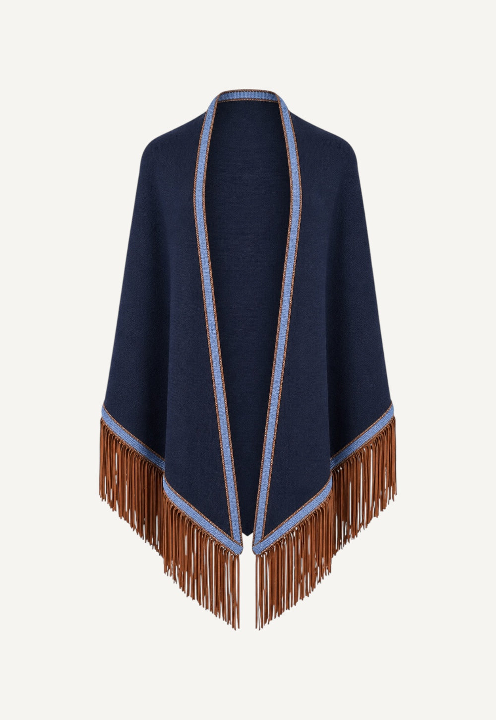 Triangolo  wrap in navy cashmere with sky-blue trim and hand-applied leather fringes by Antonia Zander.