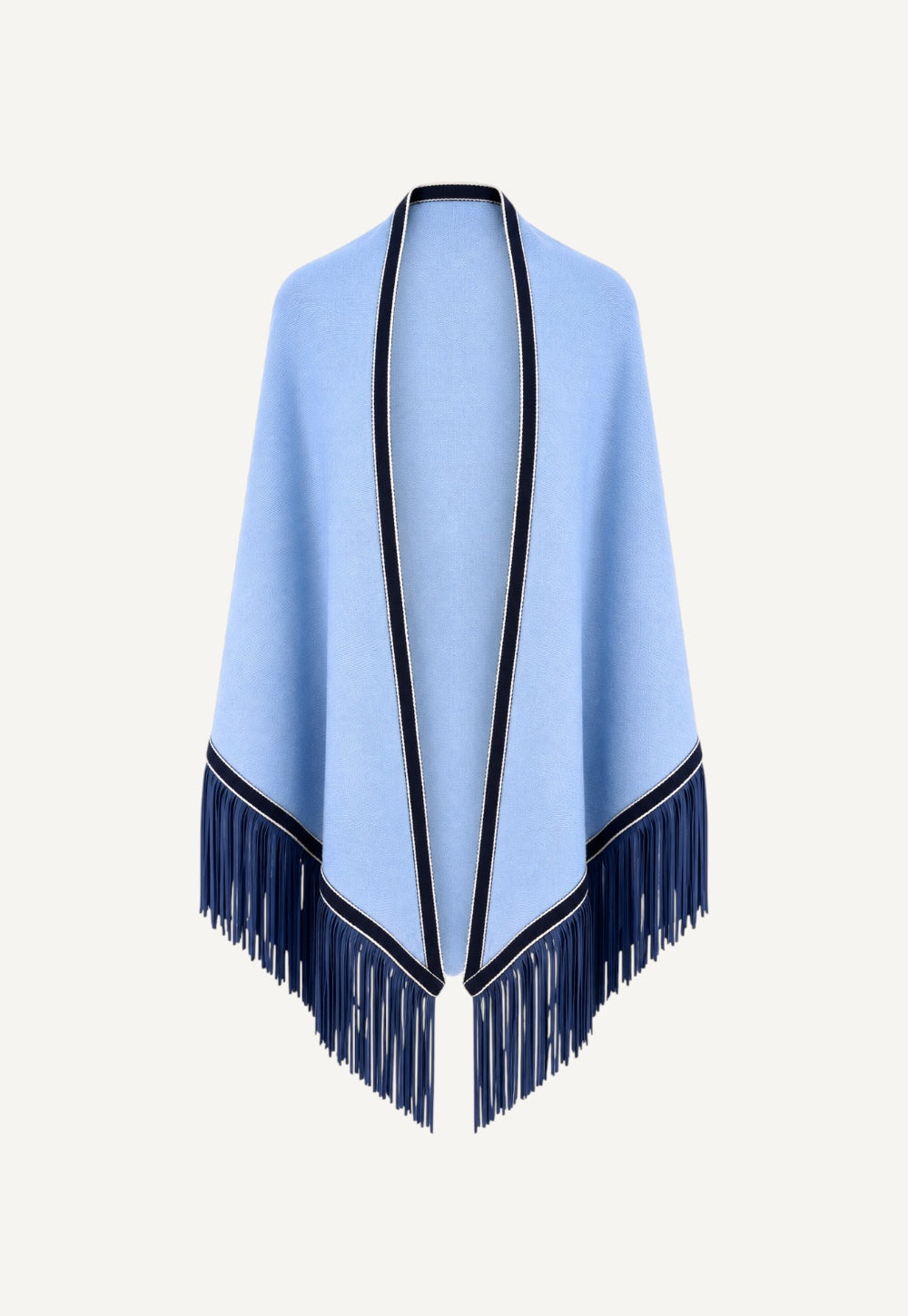 Triangolo wrap in Lisbona crafted from fine sky-blue cashmere with navy trim and hand-applied leather fringes by Antonia Zander.