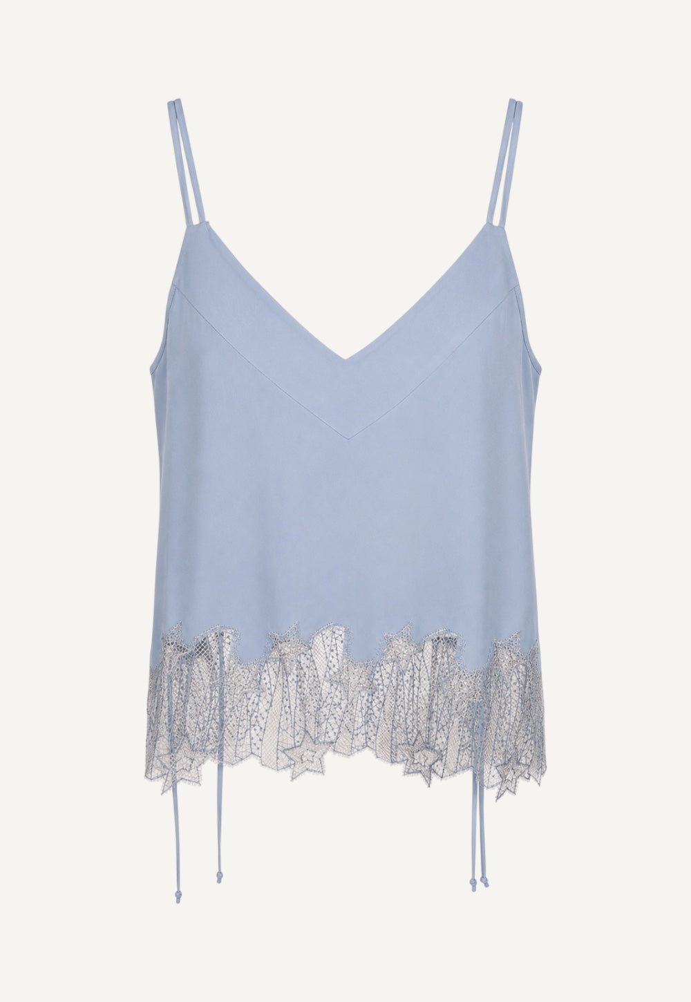 Antonia Zander Udra Top in Dusty Blue crafted from fluid acetate-silk satin with signature Celestial Lace at the hem.