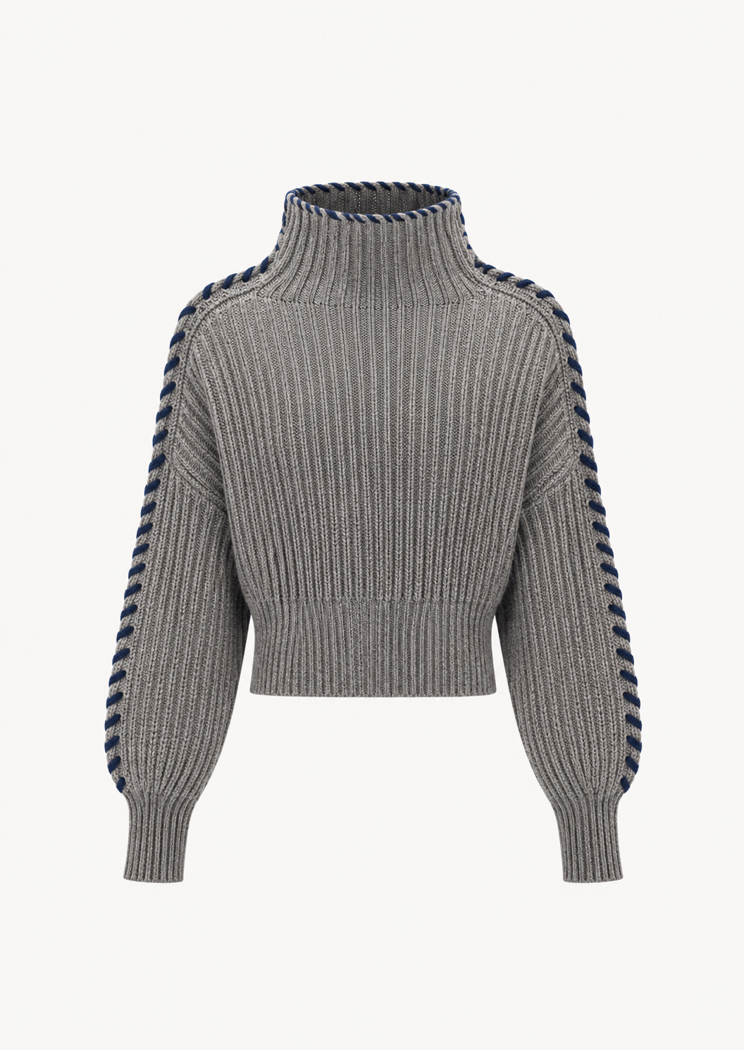 Vreni Sweater von Antonia Zander – grauer Strickpullover mit blauem Strickdetail