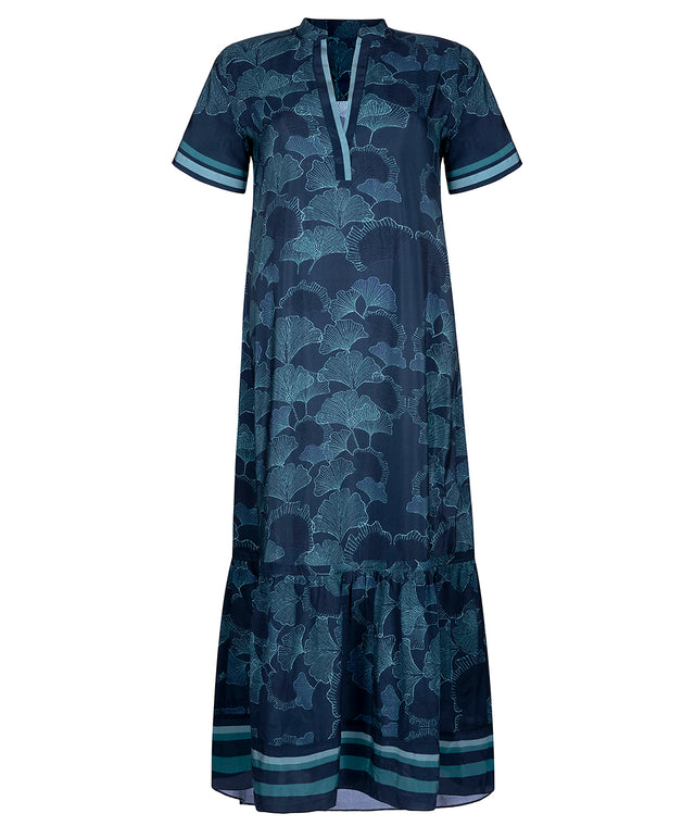 exclusive luxyury silk dress made in germany with overlapping v neck, short sleeves and wide volant skirt 