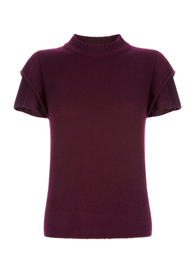 luxurious cashmere-silk top with roundneck, short and ruffled sleeves