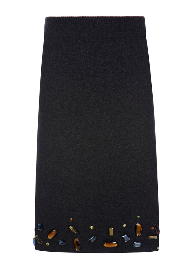 straight cashmere knit skirt with elastic waistband and glass stone detail on lower hem