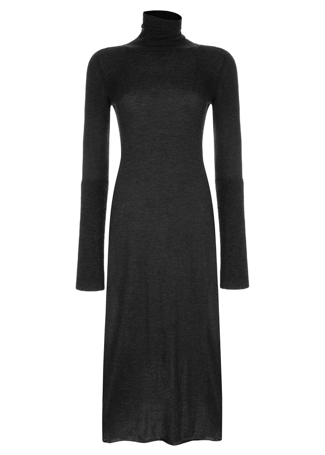 knit dress made of fine and thin cashmere with tight rollneck and contrasting sleeves made of cashmere-silk mix. midi length