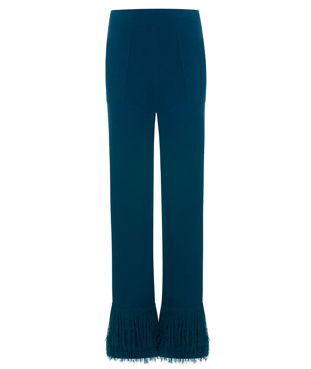 luxurious knit pants made of cotton-rayon-blend with fringe details at lower hem