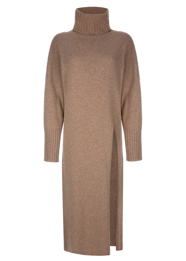 wide tunic-style cashmere knit dress with high leg slit, rollneck and long sleeves